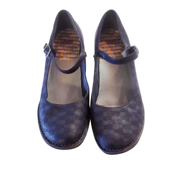 Camper Mary Jane heels size 40 wedge navy/brown checkered print, leather. - Picture 4 of 11